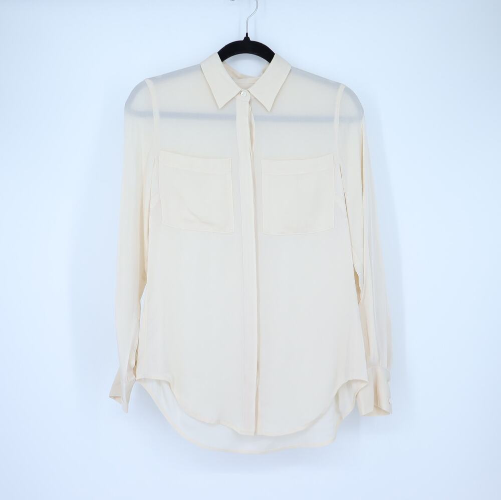 J. Crew Silk Pocket Blouse Ivory Chiffon Button Front Long Sleeve Women's 0